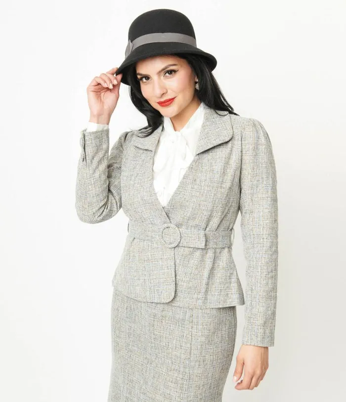 1940s Beige and Baby Blue Tweed Belted Jacket Clothing Unique Vintage Coats and Jackets