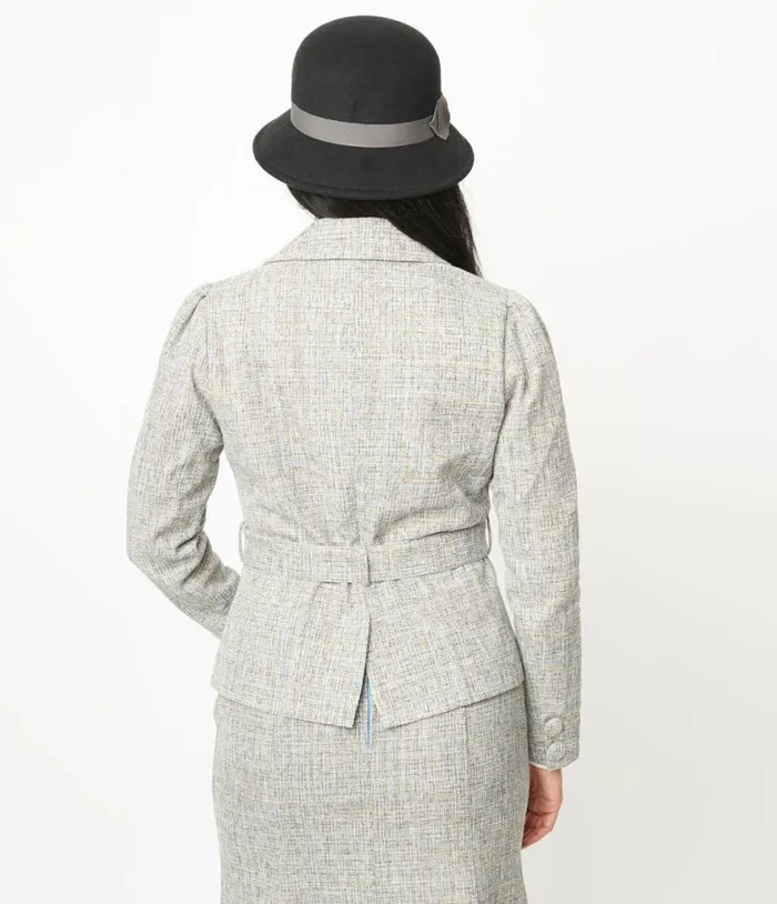 1940s Beige and Baby Blue Tweed Belted Jacket Clothing Unique Vintage Coats and Jackets