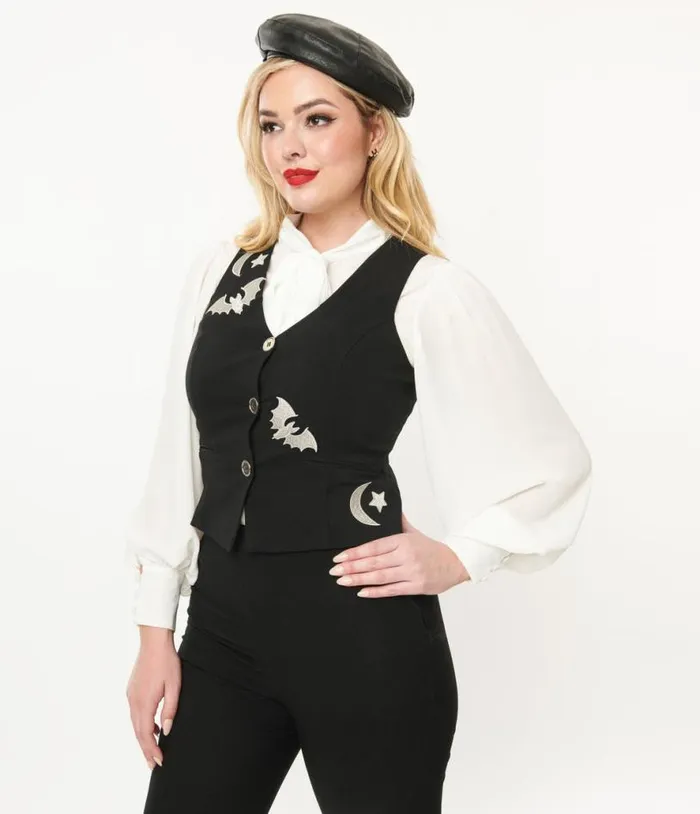 1940s Black and Silver Bat Button Up Vest Halloween Unique Vintage Tops