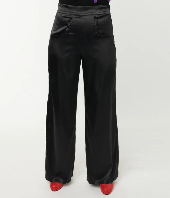 1940s Black Satin High Waist Ginger Pants Clothing Unique Vintage Pants