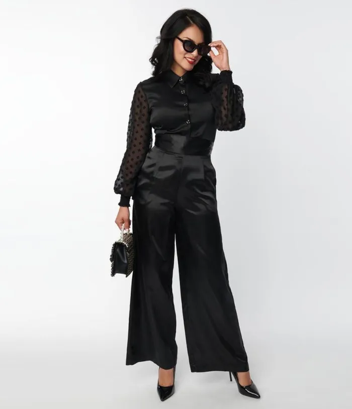 1940s Black Satin High Waist Pants Clothing Unique Vintage Pants