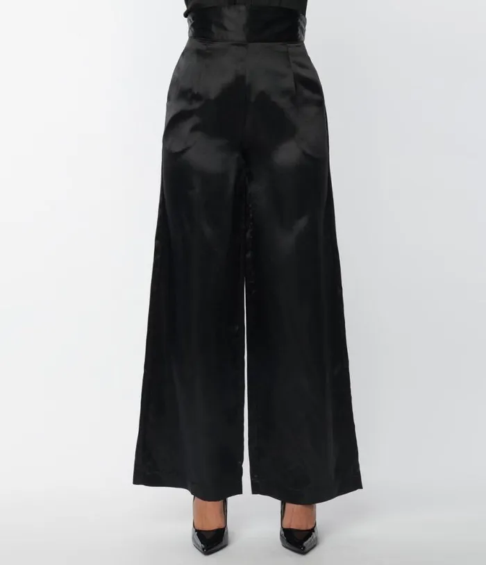 1940s Black Satin High Waist Pants Clothing Unique Vintage Pants