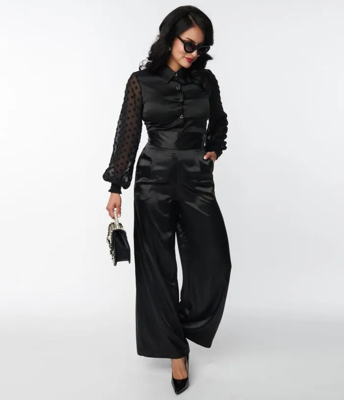 1940s Black Satin High Waist Pants Clothing Unique Vintage Pants