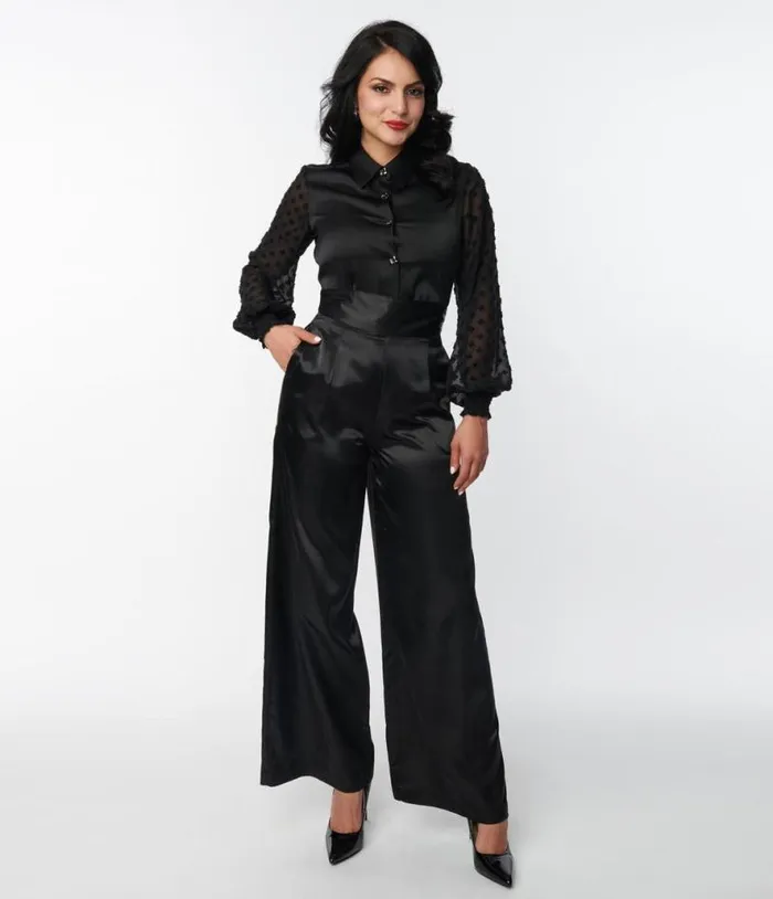 1940s Black Satin High Waist Pants Clothing Unique Vintage Pants