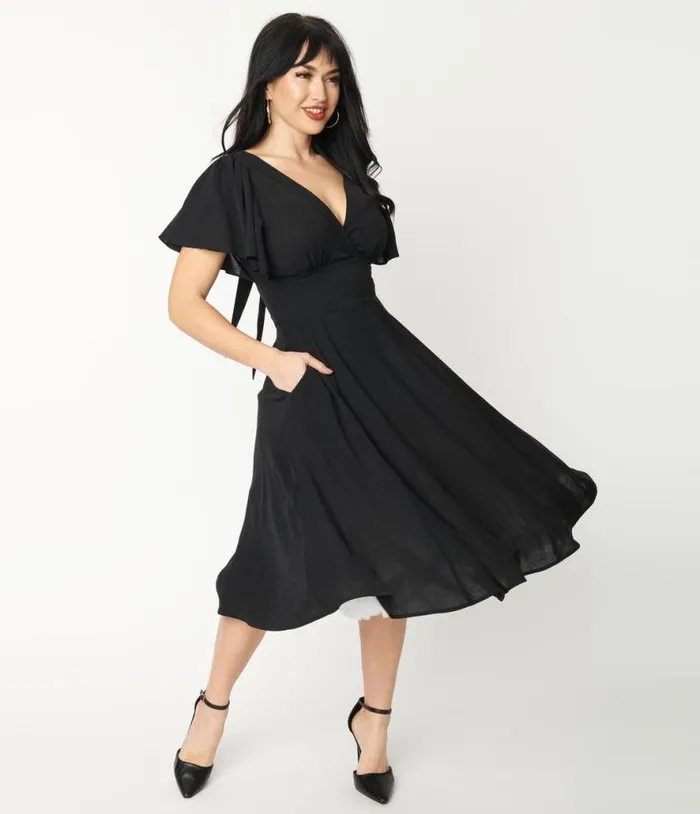 1940s Black Texture Swing Dress Dresses Unique Vintage Pocket Dresses