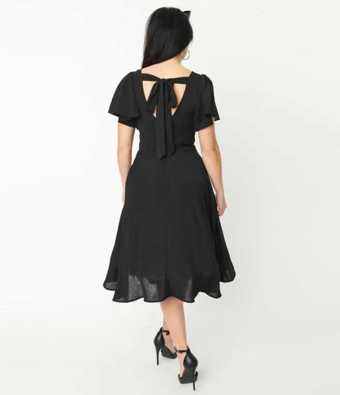 1940s Black Texture Swing Dress Dresses Unique Vintage Pocket Dresses