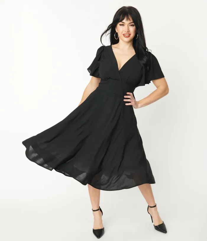 1940s Black Texture Swing Dress Dresses Unique Vintage Pocket Dresses