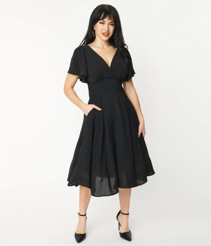1940s Black Texture Swing Dress Dresses Unique Vintage Pocket Dresses