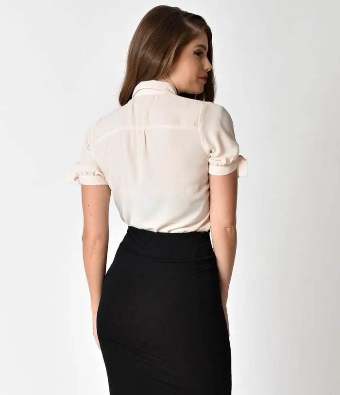 1940s Cream Short Sleeve Colvin Blouse Clothing Unique Vintage Blouses