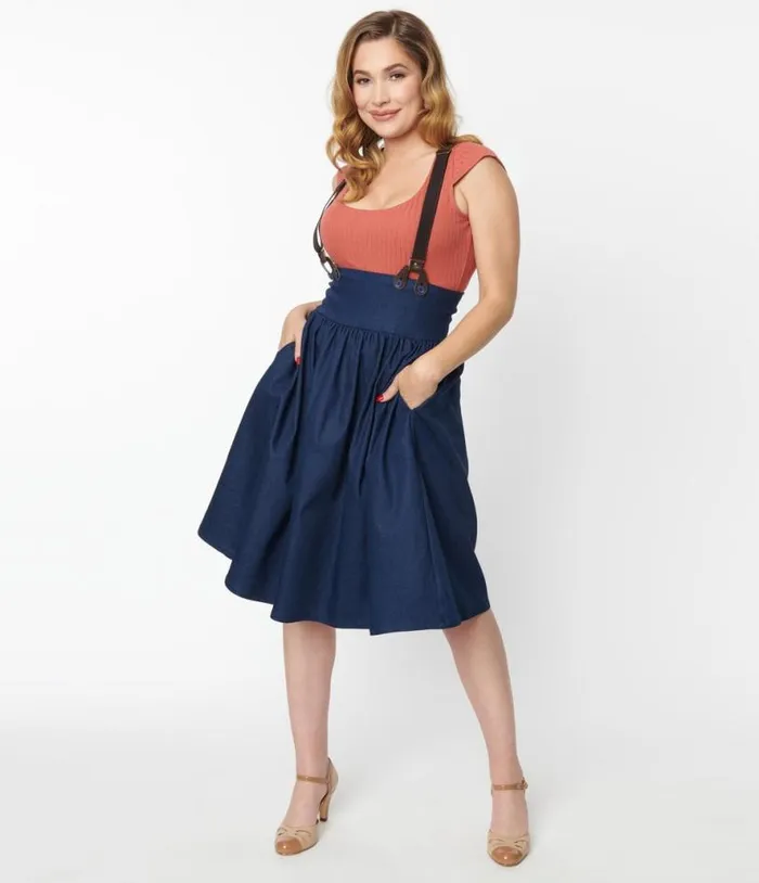 1940s Dark Denim Blue High Waist Suspender Swing Skirt Clothing Unique Vintage Skirts
