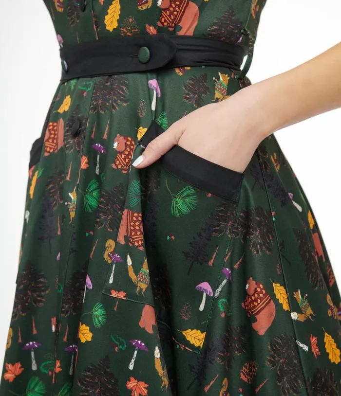 1940s Forest Green Woodland Creature Hedda Swing Dress Dresses Unique Vintage Pocket Dresses