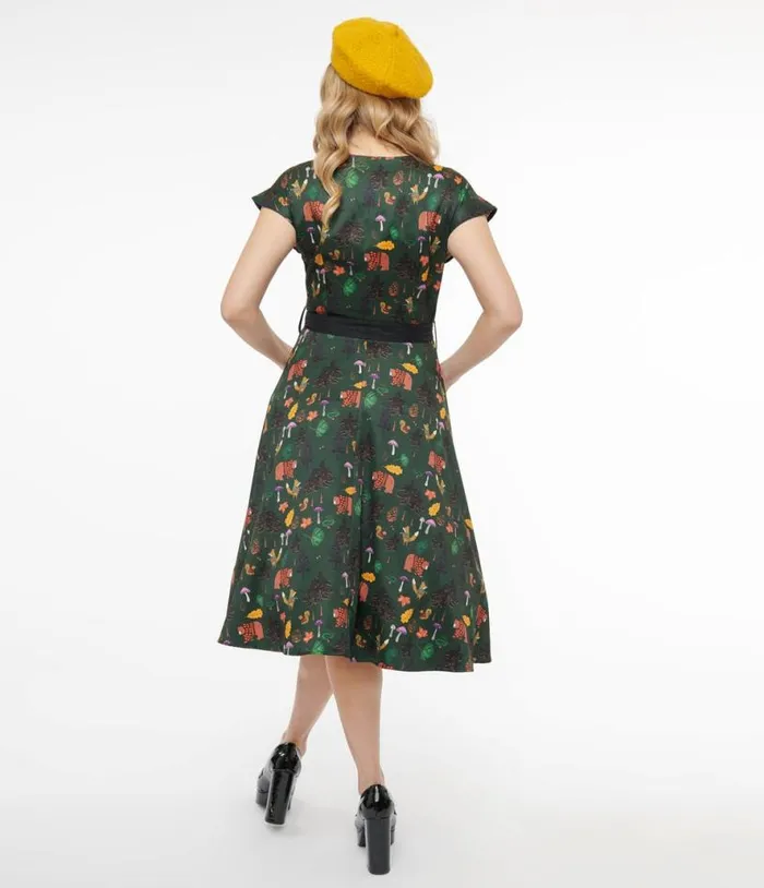 1940s Forest Green Woodland Creature Hedda Swing Dress Dresses Unique Vintage Pocket Dresses