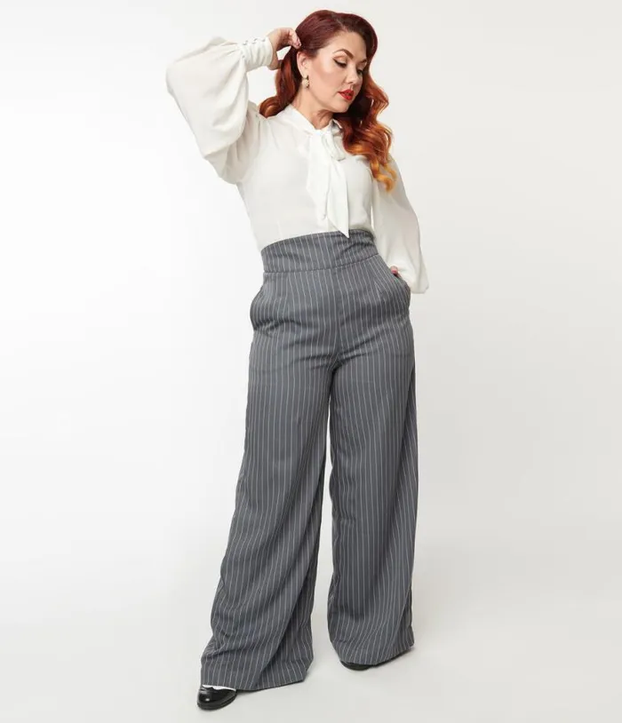 1940s Grey Pinstripe High Waist Pants Clothing Unique Vintage Pants
