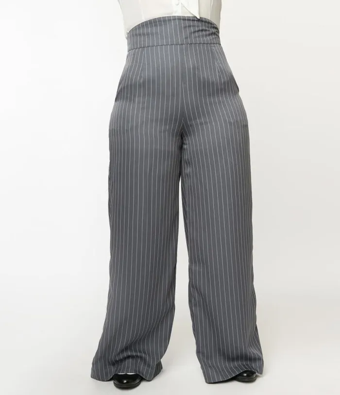 1940s Grey Pinstripe High Waist Pants Clothing Unique Vintage Pants
