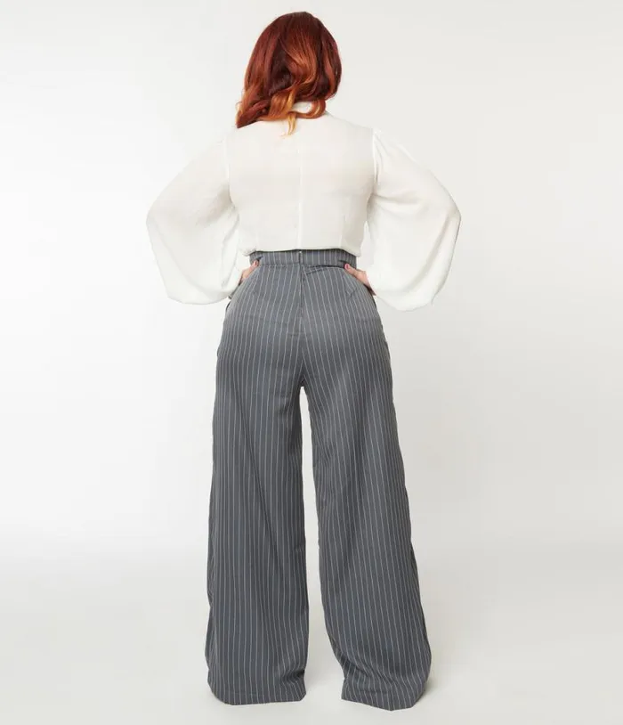 1940s Grey Pinstripe High Waist Pants Clothing Unique Vintage Pants
