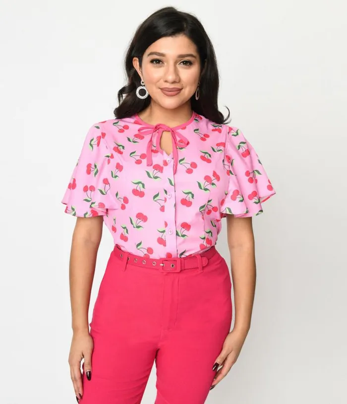 1940s Lavender and Hot Pink Cherry Cecilia Blouse Clothing Unique Vintage Blouses 1940s Lavender and Hot Pink Cherry Cecilia Blouse Clothing Unique Vintage Blouses