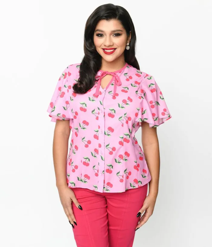 1940s Lavender and Hot Pink Cherry Cecilia Blouse Clothing Unique Vintage Blouses