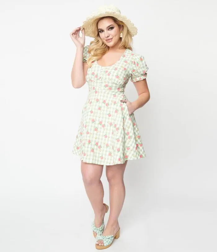 1940s Light Green Gingham and Peaches Flare Dress Dresses Unique Vintage Pocket Dresses