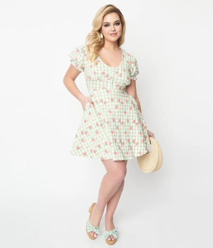 1940s Light Green Gingham and Peaches Flare Dress Dresses Unique Vintage Pocket Dresses