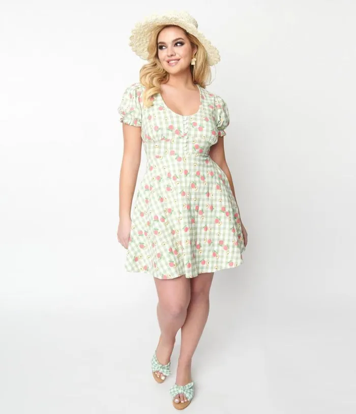 1940s Light Green Gingham and Peaches Flare Dress Dresses Unique Vintage Pocket Dresses