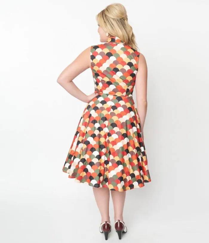1940s Multicolor Scallop Print Ribboned Swing Dress Dresses Unique Vintage Pocket Dresses