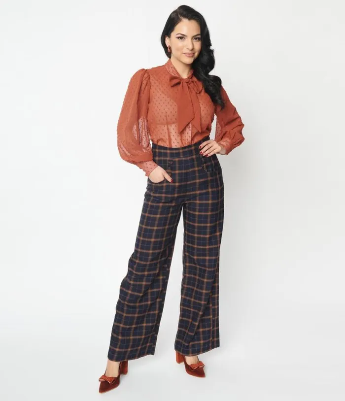 1940s Navy and Orange Plaid High Waist Sailor Ginger Pants ClothingPlus Unique Vintage Pants