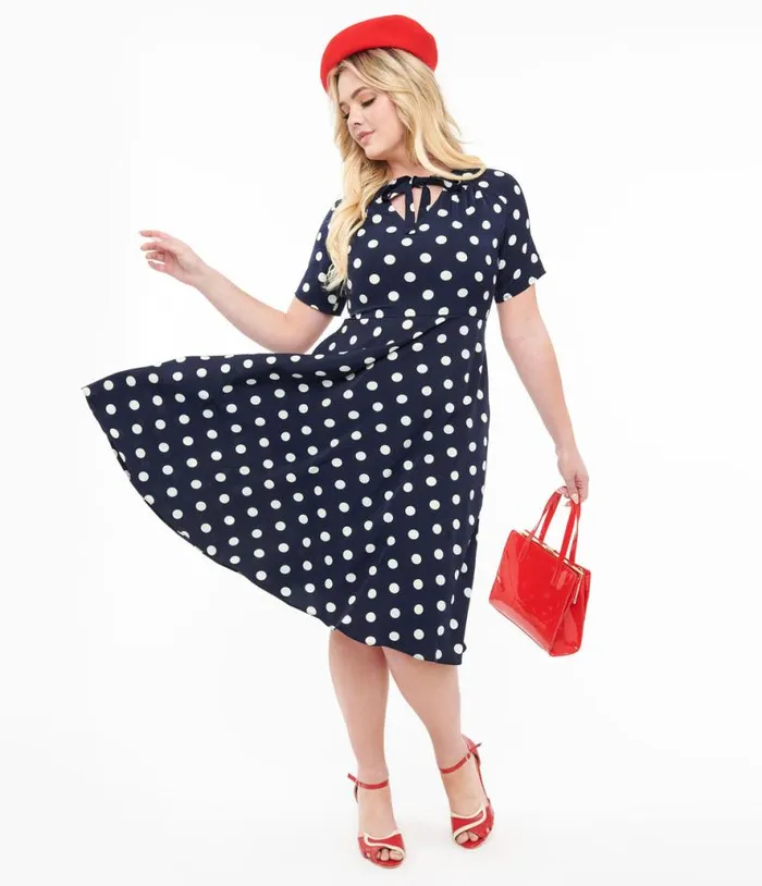 1940s Navy and White Polka Dot Set Sail Swing Dress Dresses Unique Vintage Pocket Dresses 1940s Navy and White Polka Dot Set Sail Swing Dress Dresses Unique Vintage Pocket Dresses
