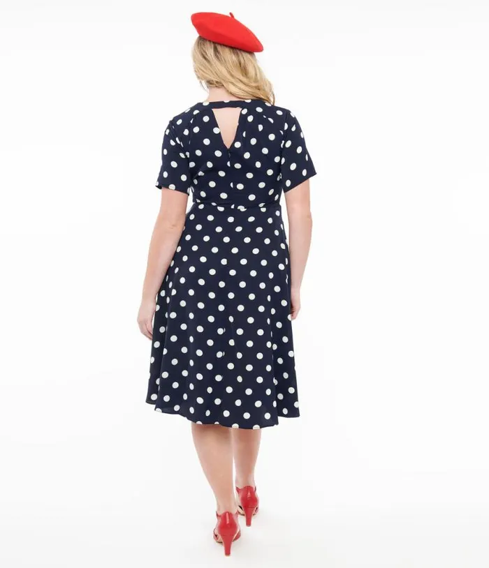 1940s Navy and White Polka Dot Set Sail Swing Dress Dresses Unique Vintage Pocket Dresses
