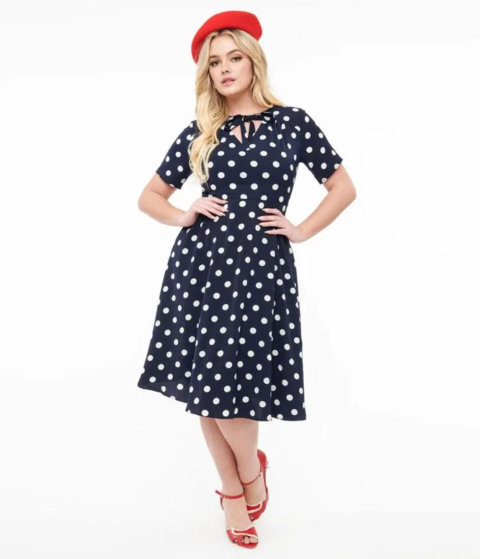 1940s Navy and White Polka Dot Set Sail Swing Dress Dresses Unique Vintage Pocket Dresses