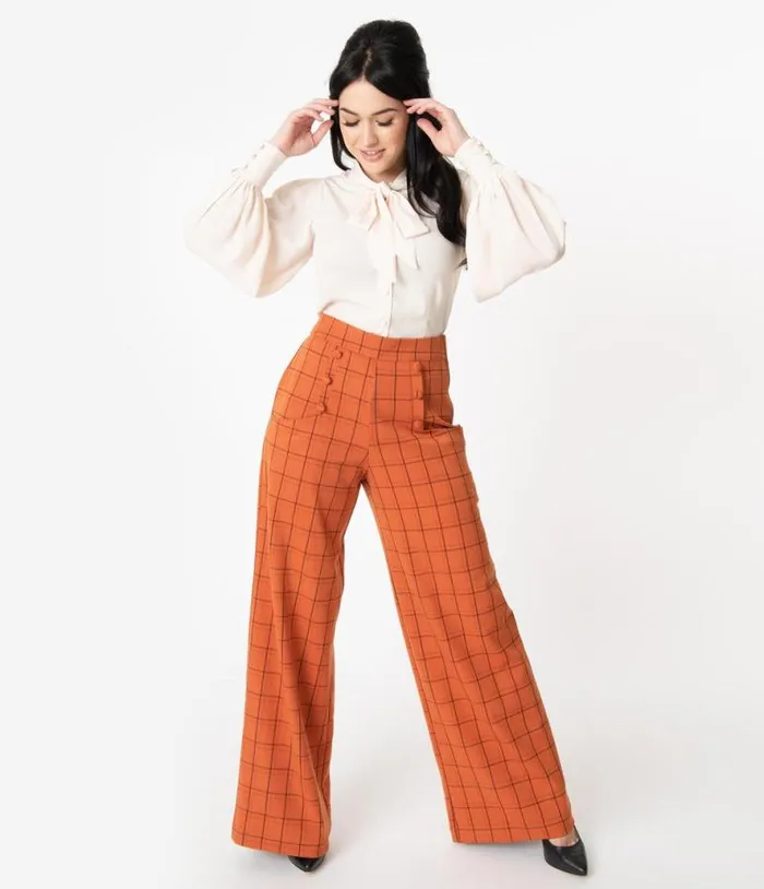 1940s Orange Windowpane High Waist Ginger Pants ClothingHalloween Unique Vintage Bottoms 1940s Orange Windowpane High Waist Ginger Pants ClothingHalloween Unique Vintage Bottoms