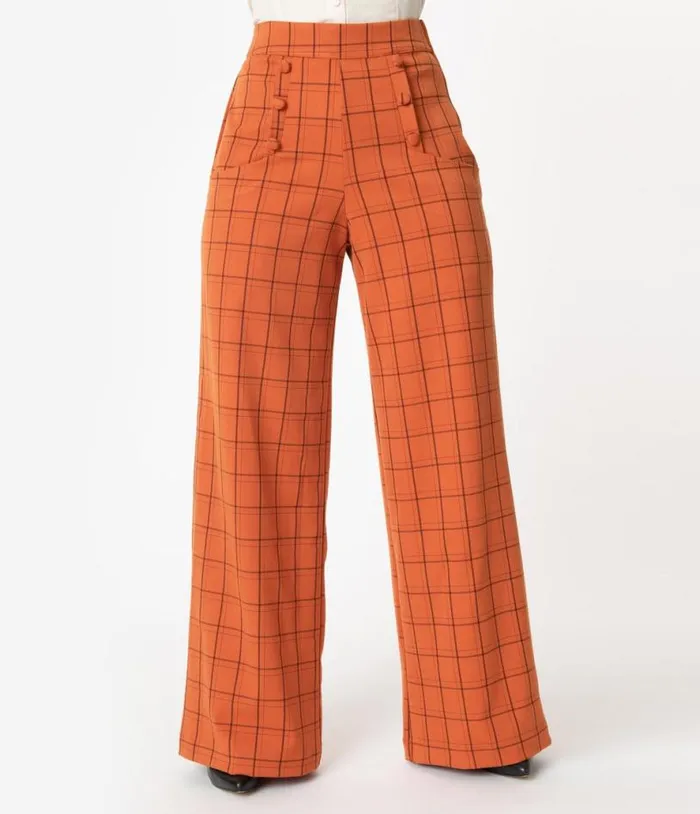 1940s Orange Windowpane High Waist Ginger Pants ClothingHalloween Unique Vintage Bottoms