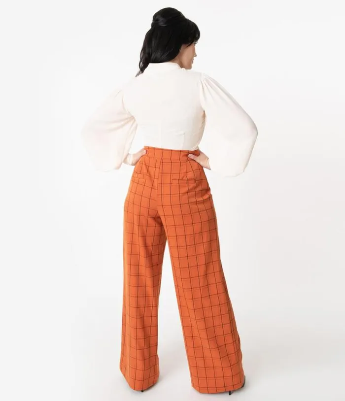 1940s Orange Windowpane High Waist Ginger Pants ClothingHalloween Unique Vintage Bottoms