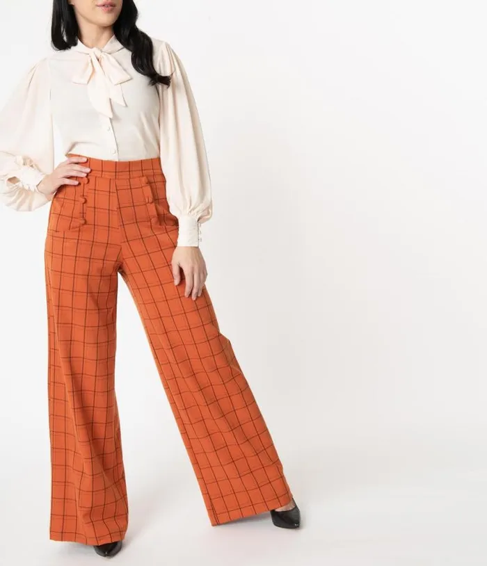 1940s Orange Windowpane High Waist Ginger Pants ClothingHalloween Unique Vintage Bottoms