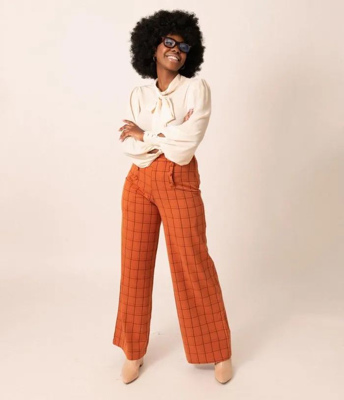 1940s Orange Windowpane High Waist Ginger Pants ClothingHalloween Unique Vintage Bottoms