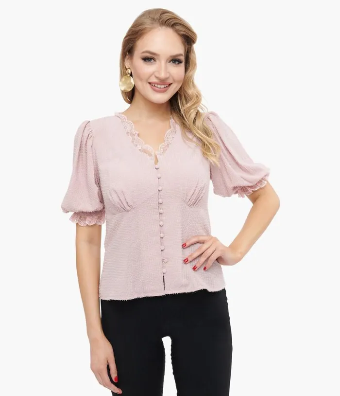 1940s Pink Clip Dot Puff Sleeve Blouse ClothingPlus Unique Vintage Blouses