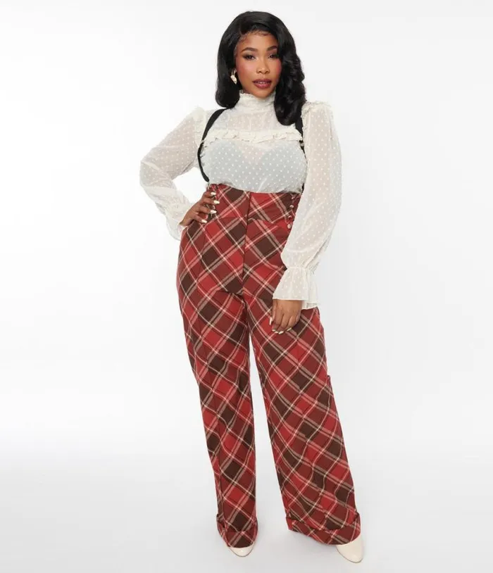 1940s Red and Brown Plaid Wide Leg Suspender Pants ClothingPlus Unique Vintage Pants 1940s Red and Brown Plaid Wide Leg Suspender Pants ClothingPlus Unique Vintage Pants