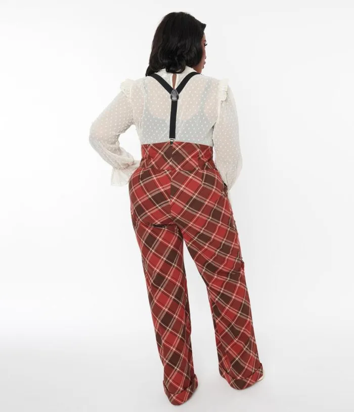 1940s Red and Brown Plaid Wide Leg Suspender Pants ClothingPlus Unique Vintage Pants