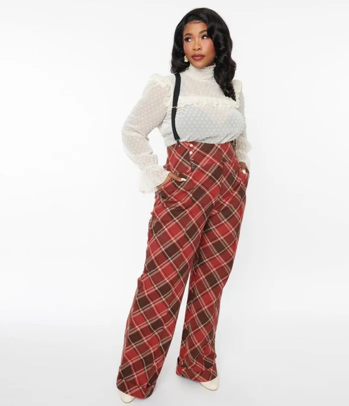 1940s Red and Brown Plaid Wide Leg Suspender Pants ClothingPlus Unique Vintage Pants