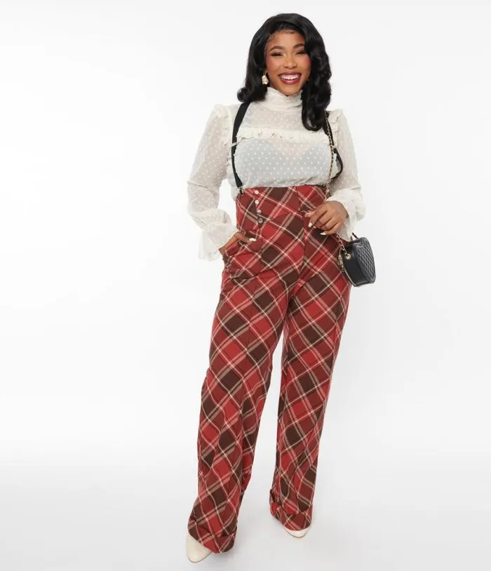 1940s Red and Brown Plaid Wide Leg Suspender Pants ClothingPlus Unique Vintage Pants