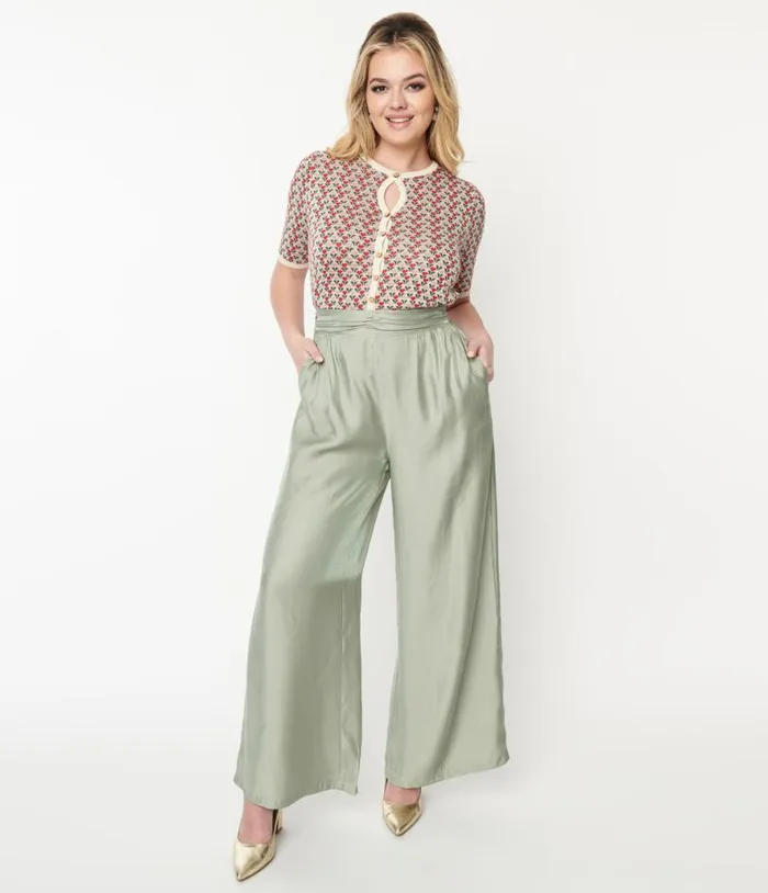 1940s Sage Green Wide Leg Trousers Clothing Unique Vintage Pants