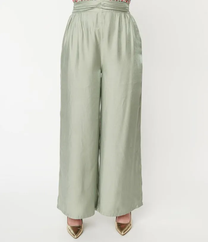 1940s Sage Green Wide Leg Trousers Clothing Unique Vintage Pants