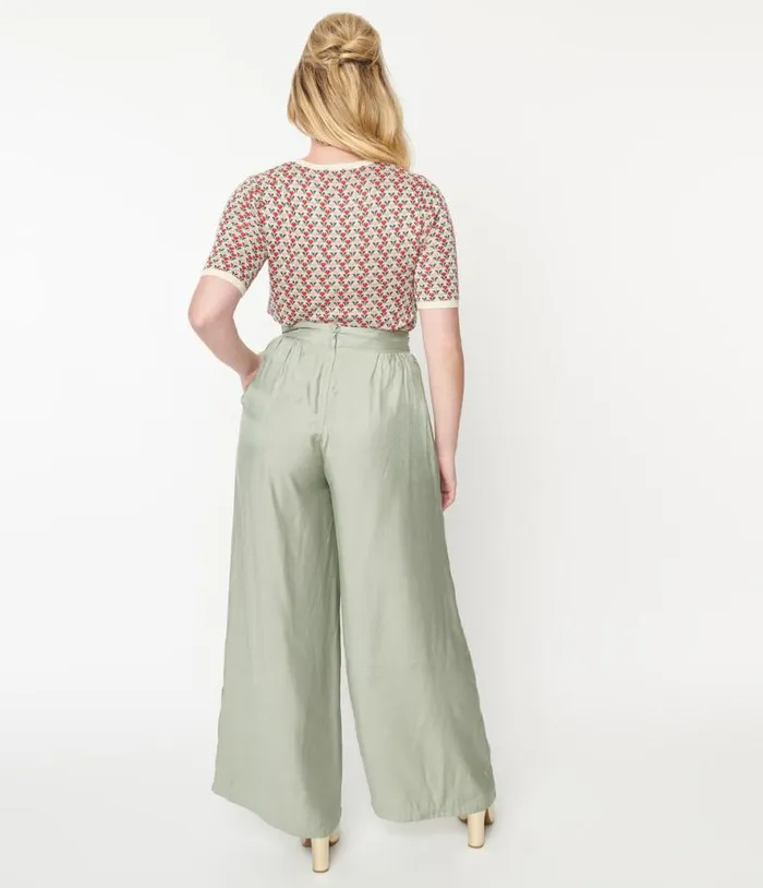 1940s Sage Green Wide Leg Trousers Clothing Unique Vintage Pants