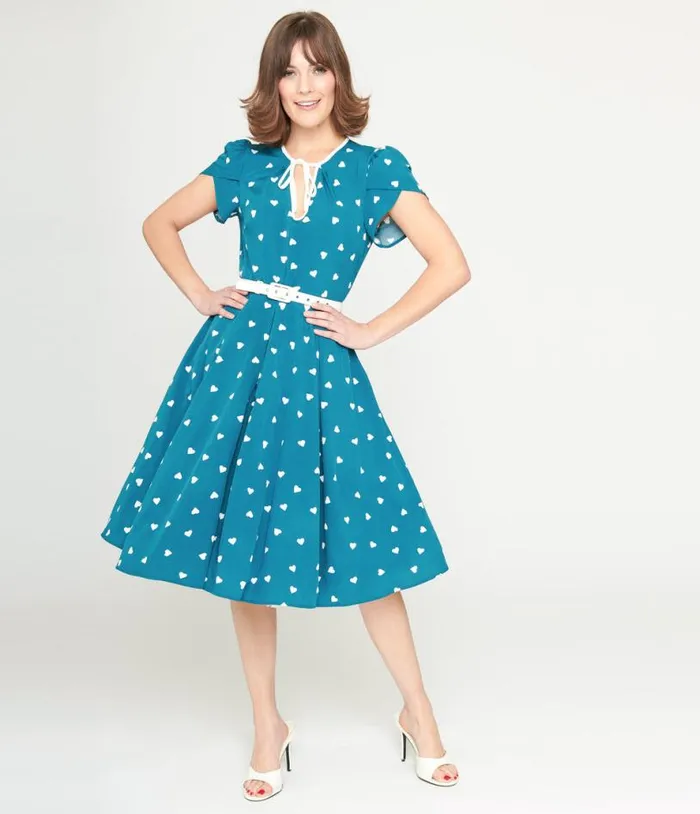 1940s Teal and White Heart Dahlia Swing Dress Dresses Unique Vintage Pocket Dresses 1940s Teal and White Heart Dahlia Swing Dress Dresses Unique Vintage Pocket Dresses