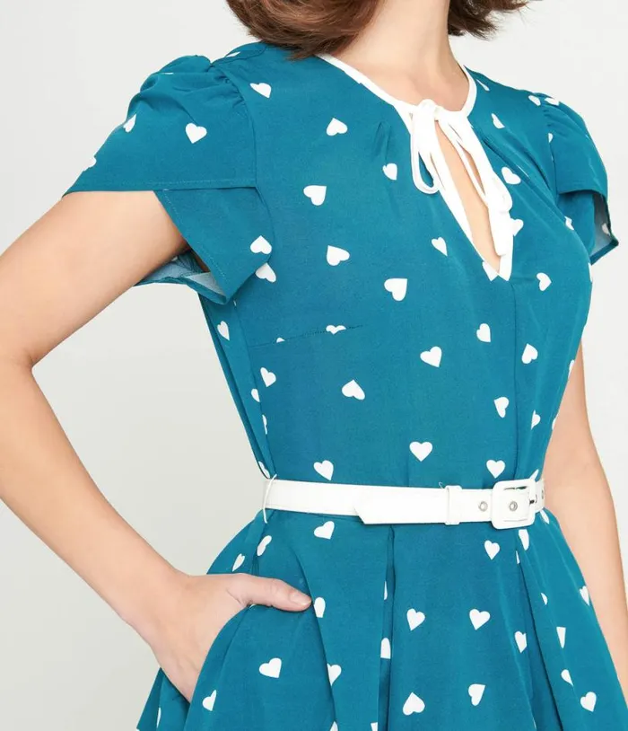 1940s Teal and White Heart Dahlia Swing Dress Dresses Unique Vintage Pocket Dresses