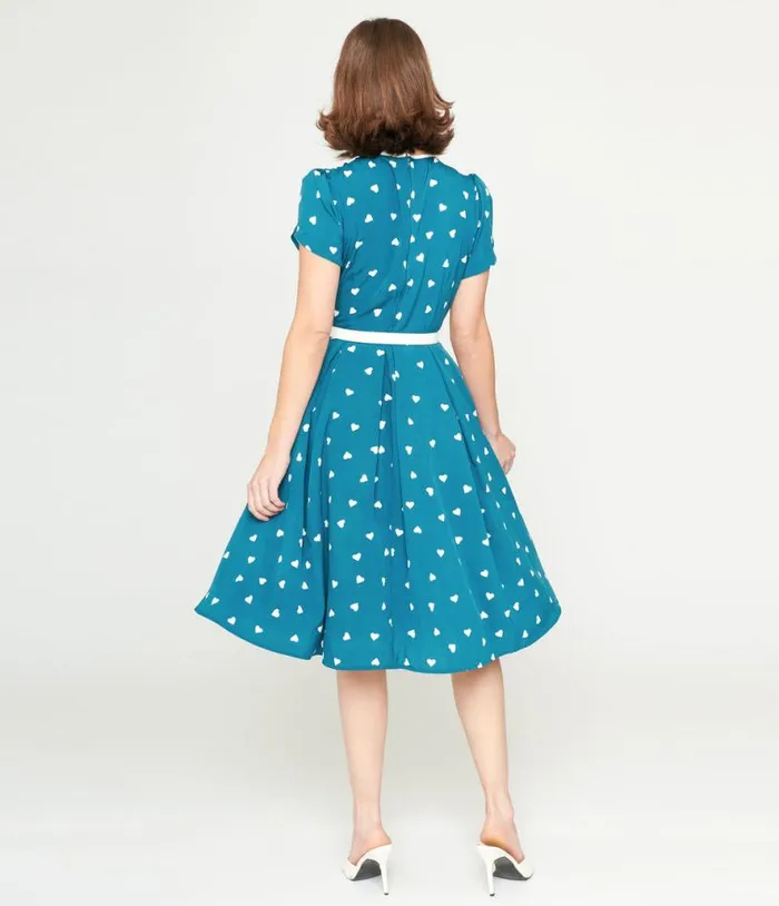 1940s Teal and White Heart Dahlia Swing Dress Dresses Unique Vintage Pocket Dresses