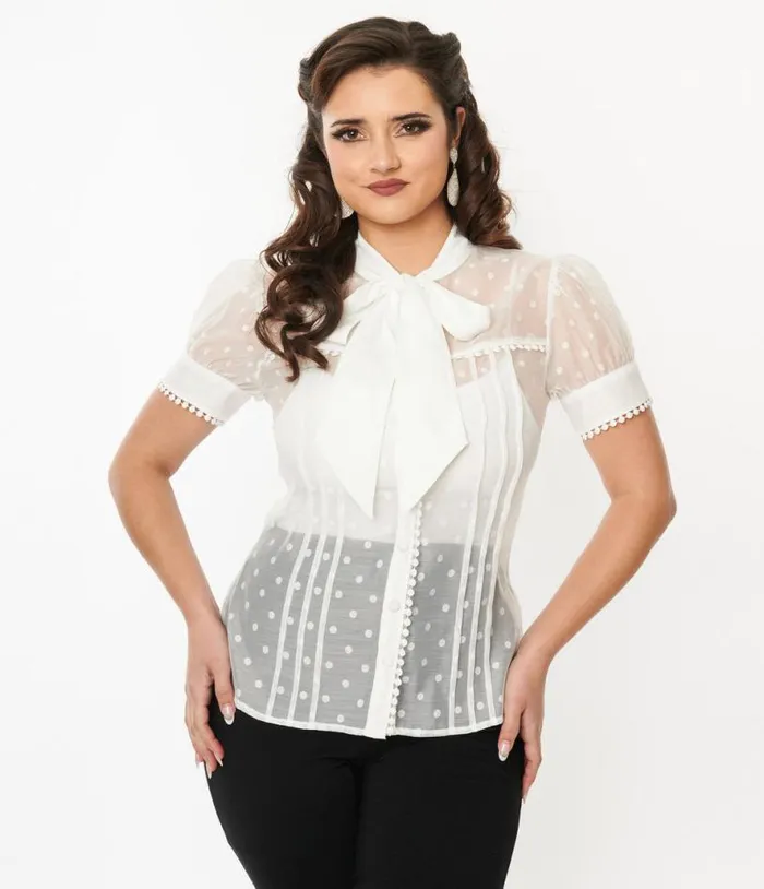 1940s White Dot Tie Neck Blouse Clothing Unique Vintage Blouses