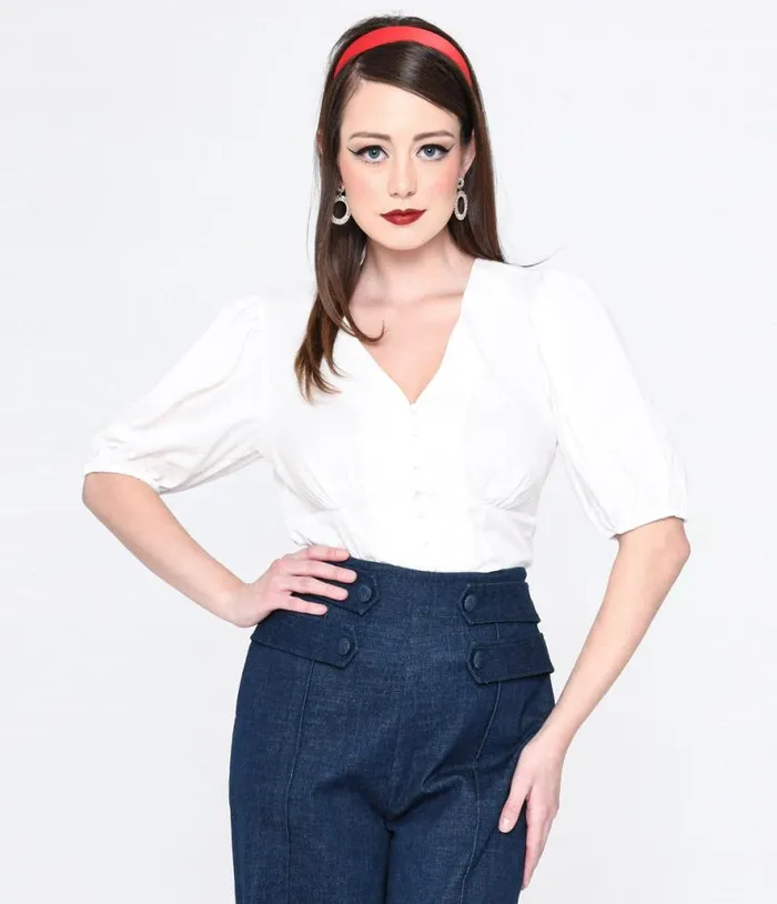 1940s White Heart Puff Sleeve Blouse Clothing Unique Vintage Blouses