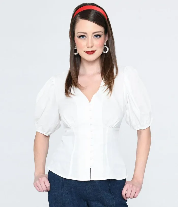 1940s White Heart Puff Sleeve Blouse Clothing Unique Vintage Blouses