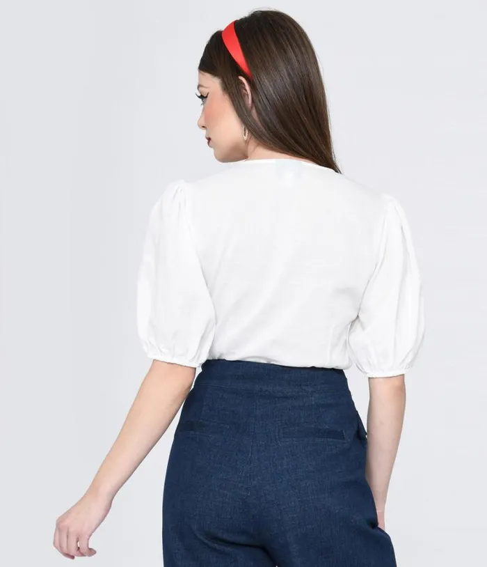 1940s White Heart Puff Sleeve Blouse Clothing Unique Vintage Blouses