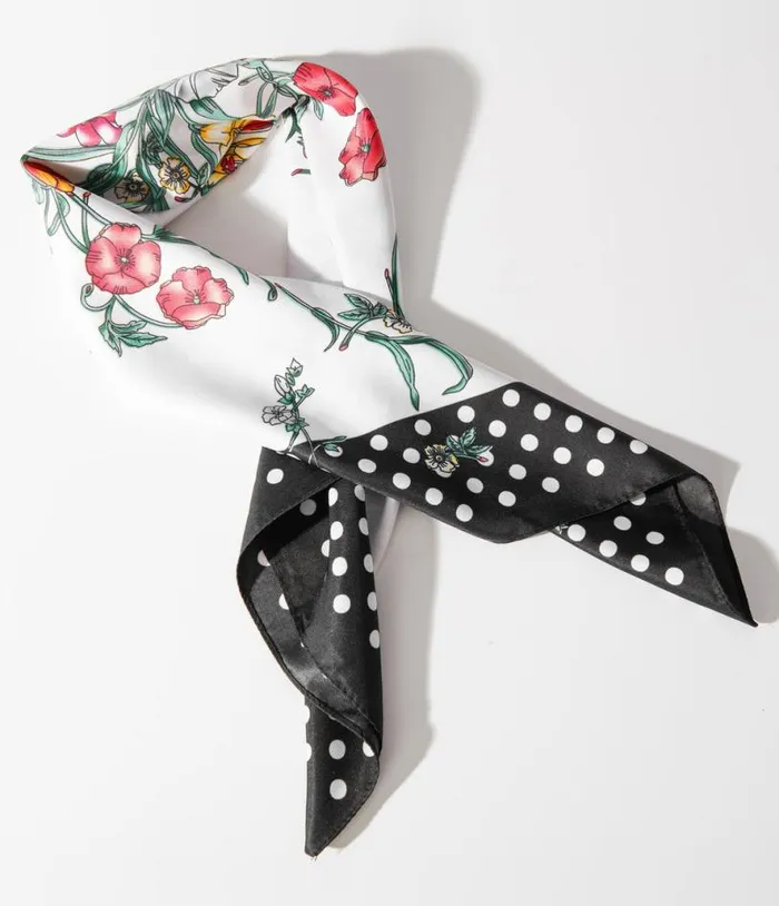 1940s White Polka Dot and Ditsy Floral Print Satin Hair Scarf Accessories Unique Vintage Hair Scarves
